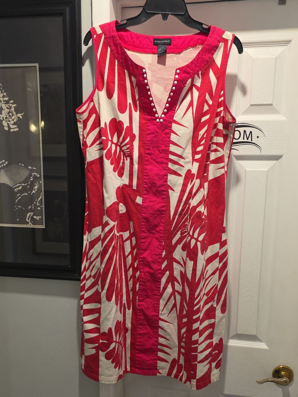 Ashley Stewart Pink and White Tropical Sleeveless Shift Dress